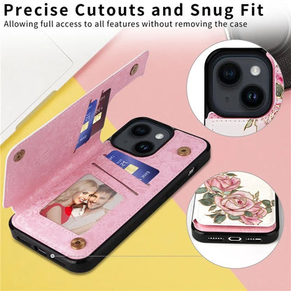 For iPhone 14 Case Pattern Printing Card Slots Phone Shell with Kickstand Flower