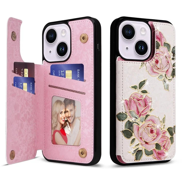 For iPhone 14 Plus Kickstand Case Protective Card Slots Phone Shell Flower