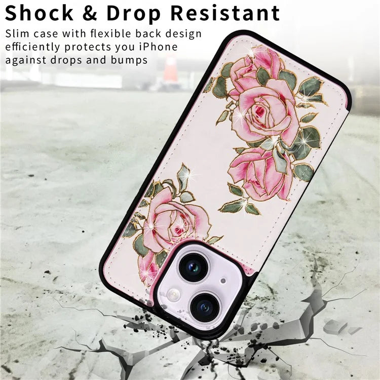 For iPhone 14 Plus Kickstand Case Protective Card Slots Phone Shell Flower