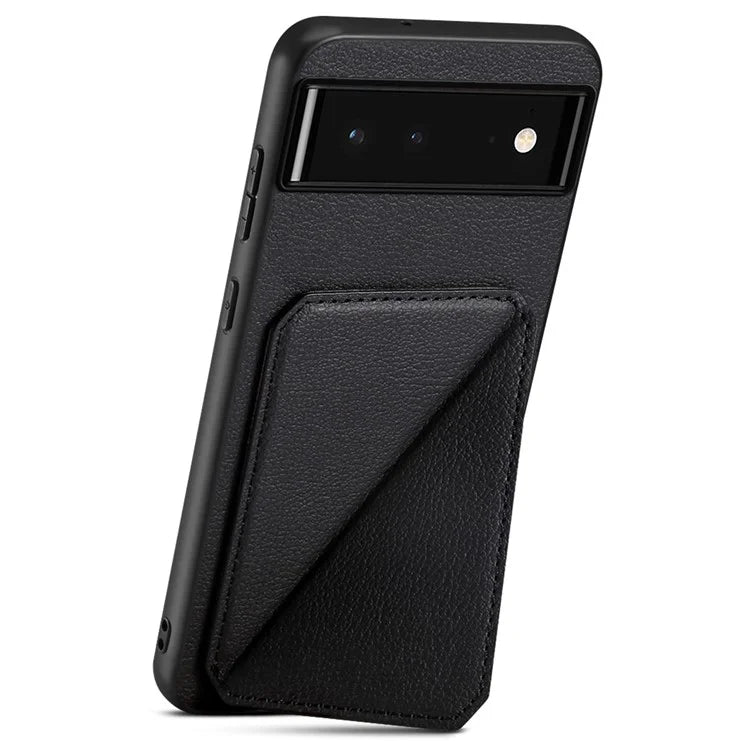 For Google Pixel 6 Case Kickstand Calf Textured Leather+PC+TPU Phone Shell
