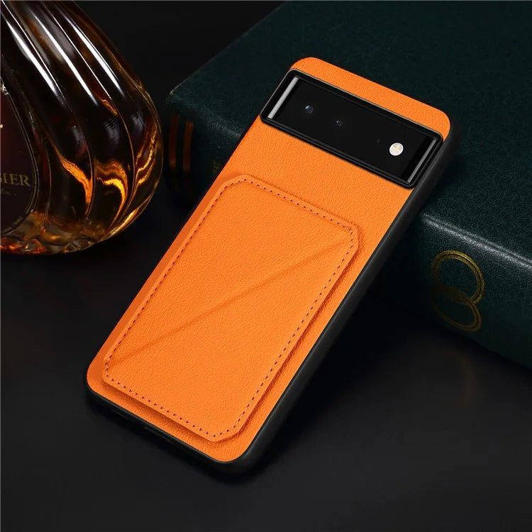 For Google Pixel 6 Case Kickstand Calf Textured Leather+PC+TPU Phone Shell