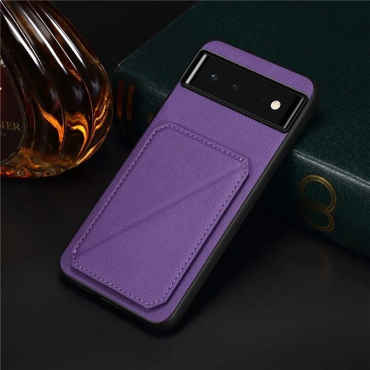 For Google Pixel 6 Case Kickstand Calf Textured Leather+PC+TPU Phone Shell
