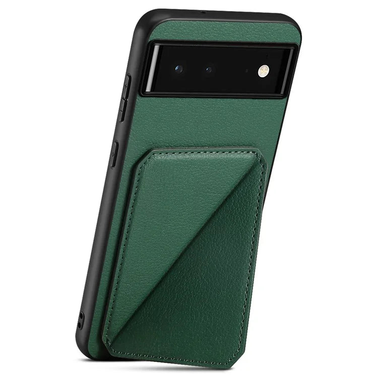 For Google Pixel 6 Case Kickstand Calf Textured Leather+PC+TPU Phone Shell
