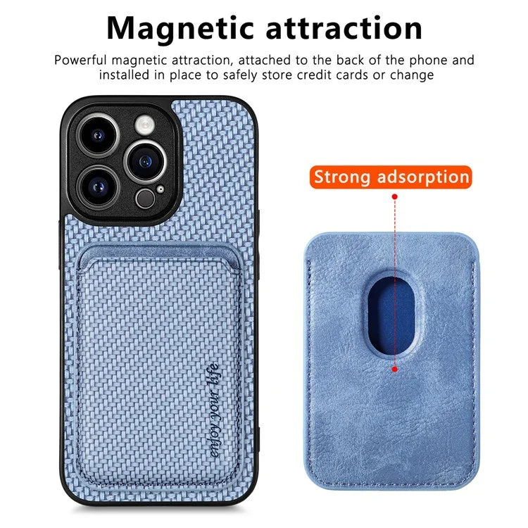 M2 For iPhone 13 Pro Case Carbon Fiber Texture PU+TPU Phone Cover with Magnetic Card Slot