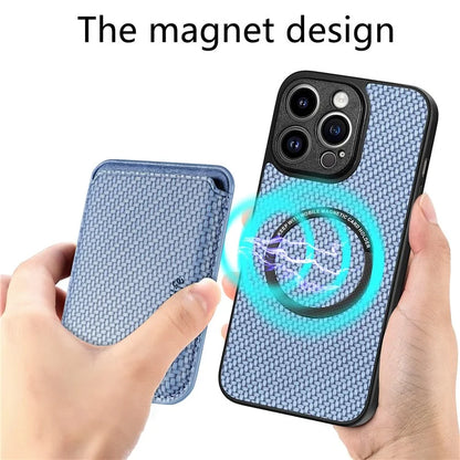 M2 For iPhone 13 Pro Case Carbon Fiber Texture PU+TPU Phone Cover with Magnetic Card Slot