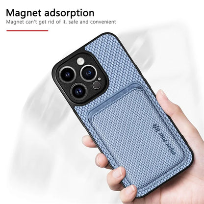 M2 For iPhone 13 Pro Case Carbon Fiber Texture PU+TPU Phone Cover with Magnetic Card Slot