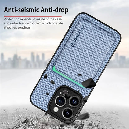 M2 For iPhone 13 Pro Case Carbon Fiber Texture PU+TPU Phone Cover with Magnetic Card Slot
