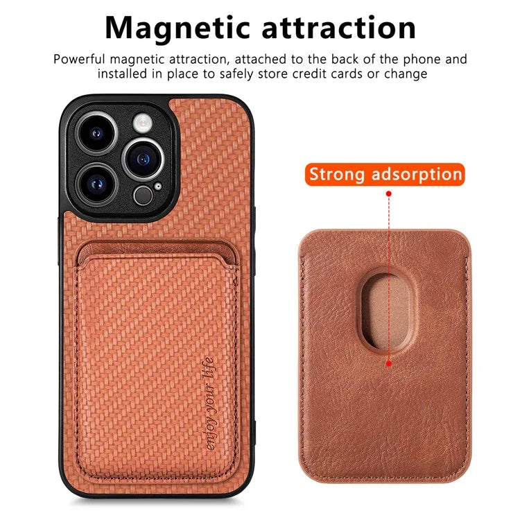 M2 For iPhone 13 Pro Case Carbon Fiber Texture PU+TPU Phone Cover with Magnetic Card Slot