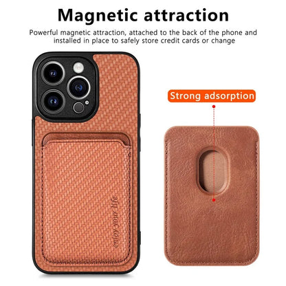 M2 For iPhone 13 Pro Case Carbon Fiber Texture PU+TPU Phone Cover with Magnetic Card Slot