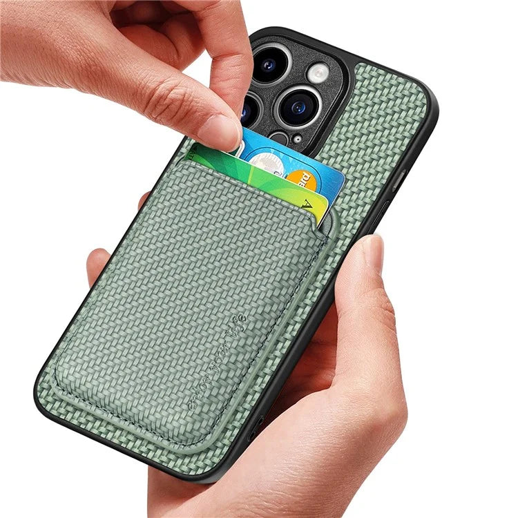 M2 For iPhone 13 Pro Case Carbon Fiber Texture PU+TPU Phone Cover with Magnetic Card Slot