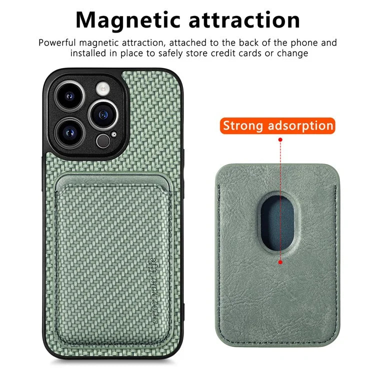 M2 For iPhone 13 Pro Case Carbon Fiber Texture PU+TPU Phone Cover with Magnetic Card Slot