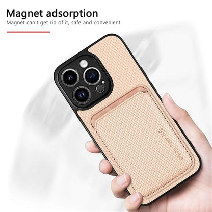 M2 For iPhone 13 Pro Case Carbon Fiber Texture PU+TPU Phone Cover with Magnetic Card Slot