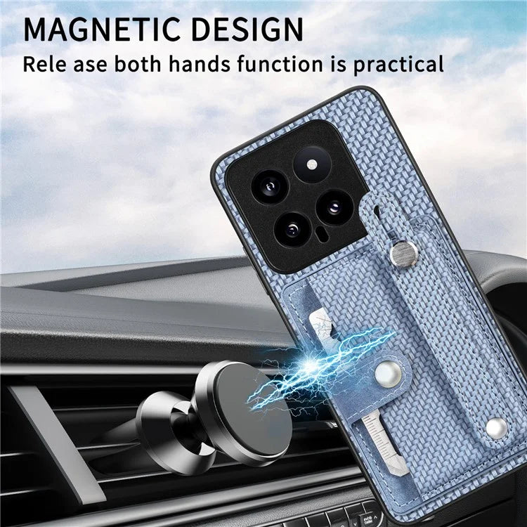 C1-01 For Xiaomi 14 Case Wristband Design Card Slots Leather Coating Back Cover