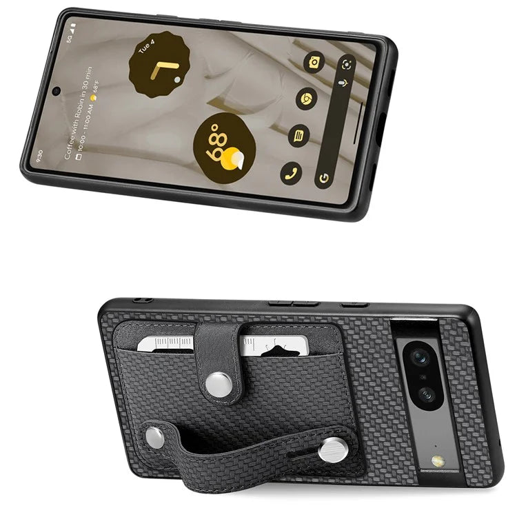 C1-01 For Google Pixel 7a Case Card Slot Carbon Fiber Texture PU+TPU+PC Phone Cover with Card Knife