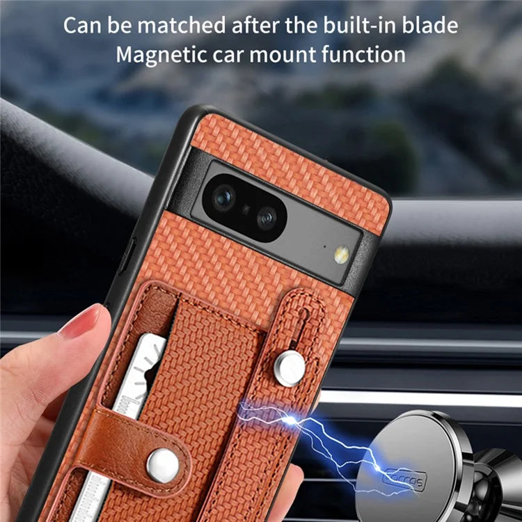 C1-01 For Google Pixel 7a Case Card Slot Carbon Fiber Texture PU+TPU+PC Phone Cover with Card Knife