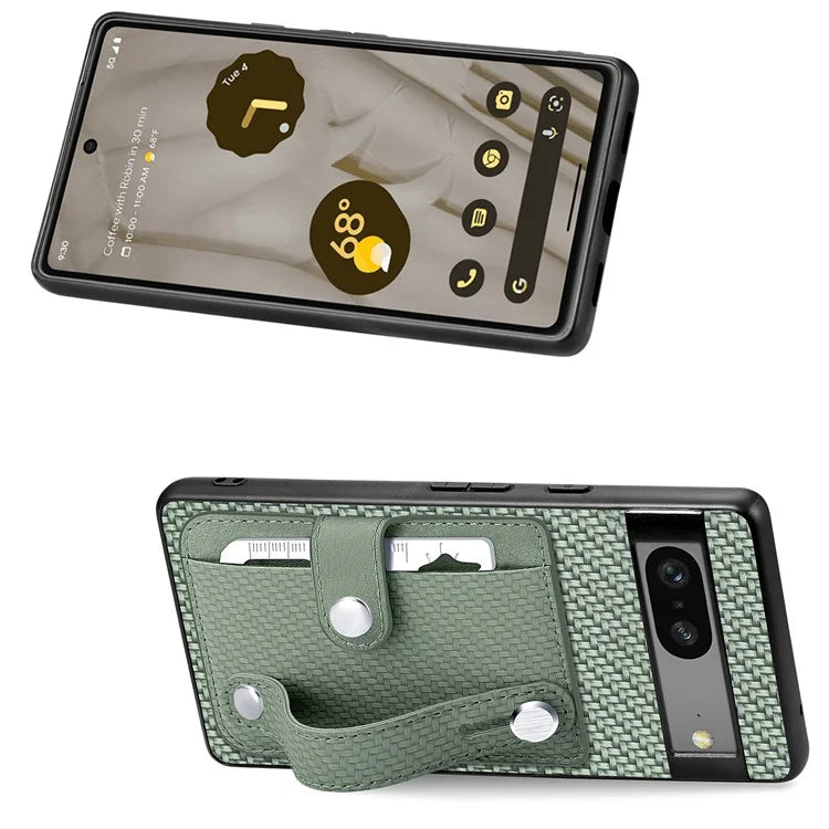 C1-01 For Google Pixel 7a Case Card Slot Carbon Fiber Texture PU+TPU+PC Phone Cover with Card Knife