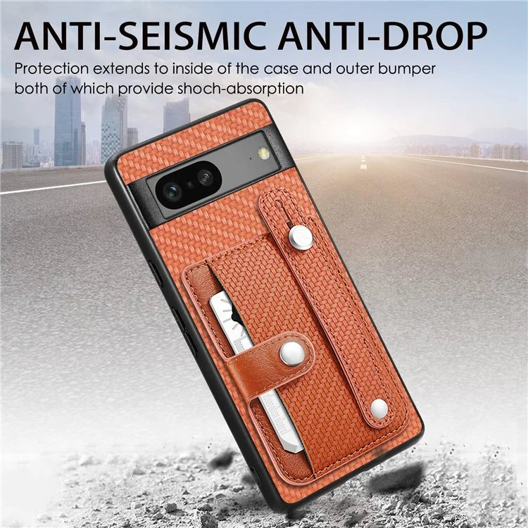C1-01 For Google Pixel 7a Case Card Slot Carbon Fiber Texture PU+TPU+PC Phone Cover with Card Knife