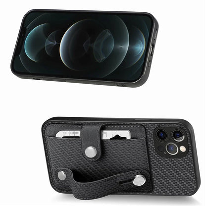 C1-01 For iPhone 12 Pro Max Card Slot Case Carbon Fiber Texture PU+TPU+PC Kickstand Phone Cover