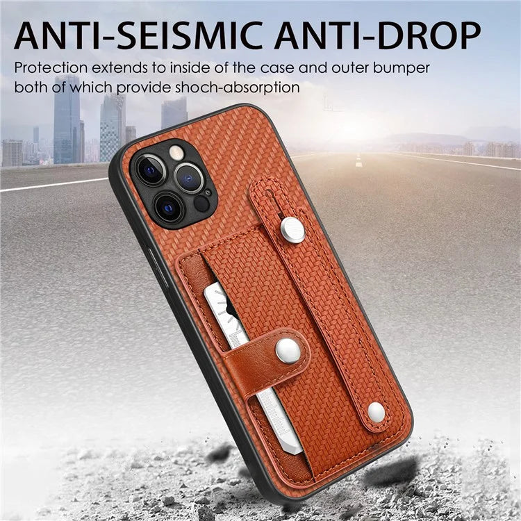 C1-01 For iPhone 12 Pro Max Card Slot Case Carbon Fiber Texture PU+TPU+PC Kickstand Phone Cover