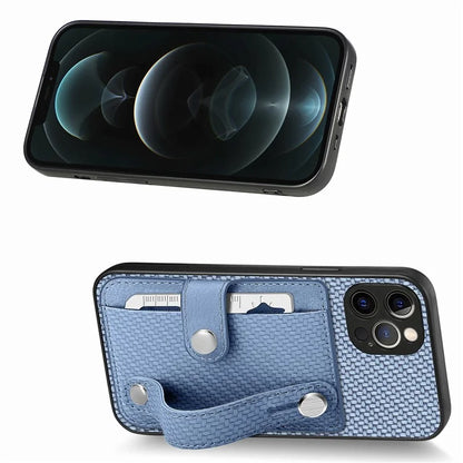 C1-01 For iPhone 12 Pro Max Card Slot Case Carbon Fiber Texture PU+TPU+PC Kickstand Phone Cover