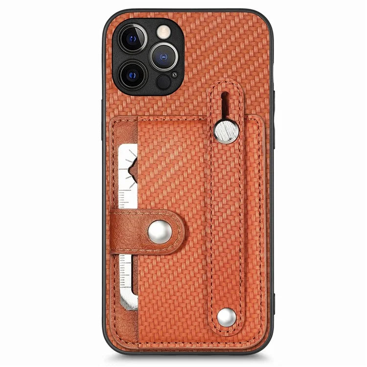 C1-01 For iPhone 12 Pro Max Card Slot Case Carbon Fiber Texture PU+TPU+PC Kickstand Phone Cover
