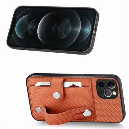 C1-01 For iPhone 12 Pro Max Card Slot Case Carbon Fiber Texture PU+TPU+PC Kickstand Phone Cover