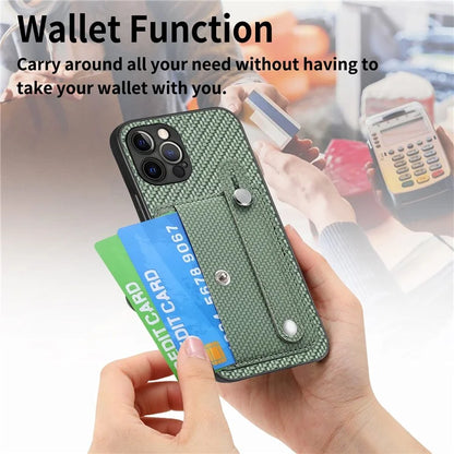 C1-01 For iPhone 12 Pro Max Card Slot Case Carbon Fiber Texture PU+TPU+PC Kickstand Phone Cover