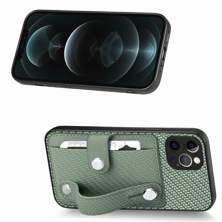 C1-01 For iPhone 12 Pro Max Card Slot Case Carbon Fiber Texture PU+TPU+PC Kickstand Phone Cover