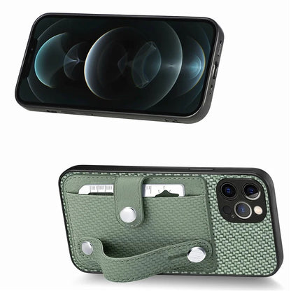 C1-01 For iPhone 12 Pro Max Card Slot Case Carbon Fiber Texture PU+TPU+PC Kickstand Phone Cover