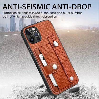C1-01 For iPhone 12 Pro Max Card Slot Case Carbon Fiber Texture PU+TPU+PC Kickstand Phone Cover