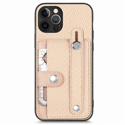 C1-01 For iPhone 12 Pro Max Card Slot Case Carbon Fiber Texture PU+TPU+PC Kickstand Phone Cover