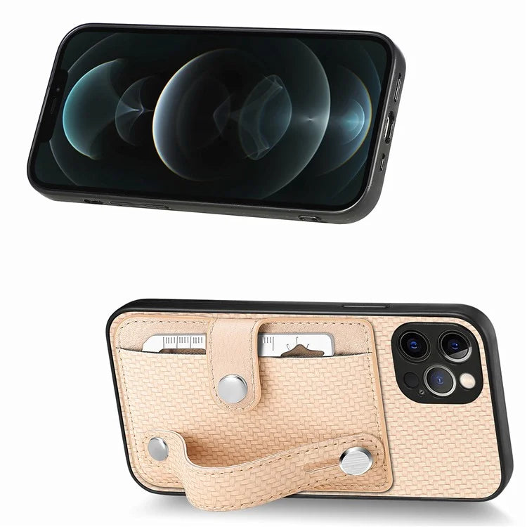 C1-01 For iPhone 12 Pro Max Card Slot Case Carbon Fiber Texture PU+TPU+PC Kickstand Phone Cover
