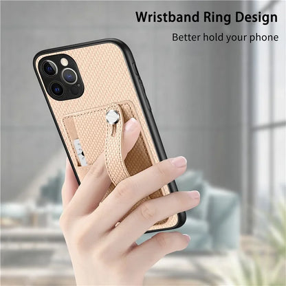 C1-01 For iPhone 12 Pro Max Card Slot Case Carbon Fiber Texture PU+TPU+PC Kickstand Phone Cover