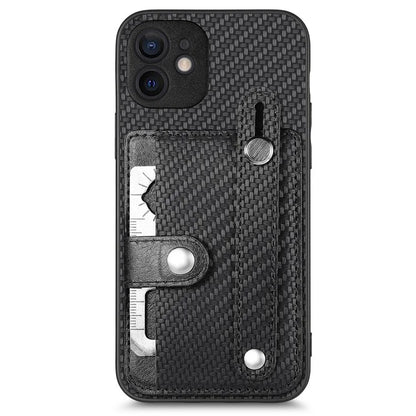 C1-01 For iPhone 12 Case Carbon Fiber Texture PU+TPU+PC Kickstand Phone Cover with Card Slot