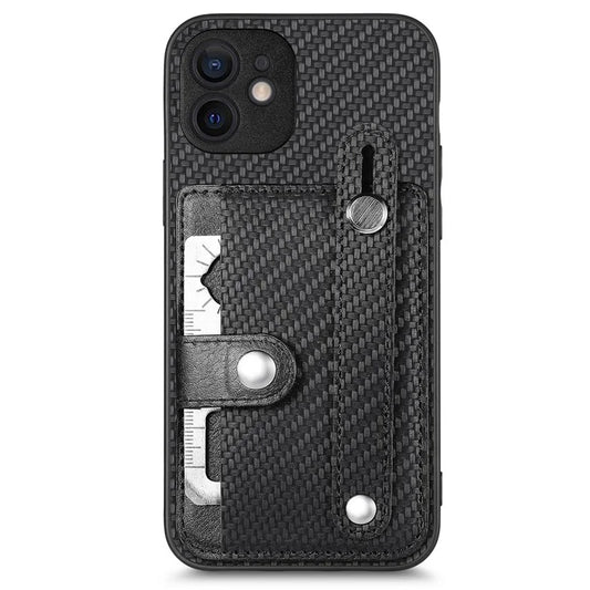 C1-01 For iPhone 12 Case Carbon Fiber Texture PU+TPU+PC Kickstand Phone Cover with Card Slot