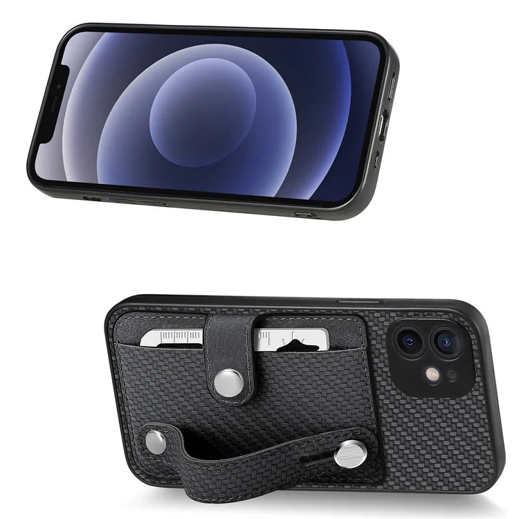 C1-01 For iPhone 12 Case Carbon Fiber Texture PU+TPU+PC Kickstand Phone Cover with Card Slot