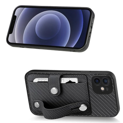 C1-01 For iPhone 12 Case Carbon Fiber Texture PU+TPU+PC Kickstand Phone Cover with Card Slot