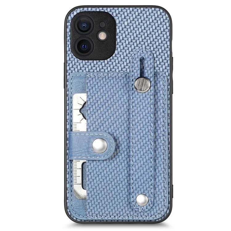 C1-01 For iPhone 12 Case Carbon Fiber Texture PU+TPU+PC Kickstand Phone Cover with Card Slot