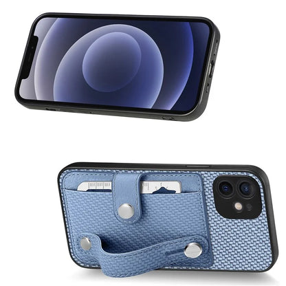 C1-01 For iPhone 12 Case Carbon Fiber Texture PU+TPU+PC Kickstand Phone Cover with Card Slot
