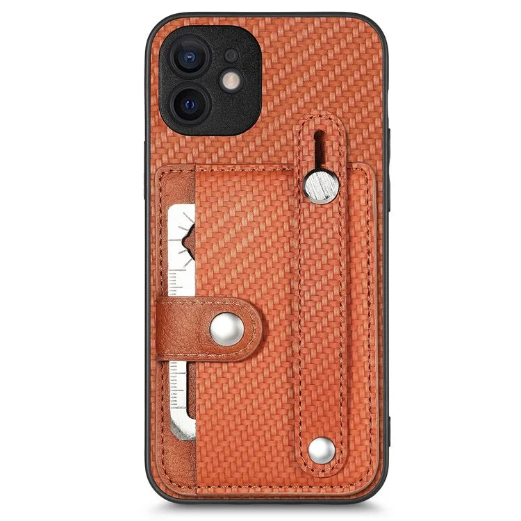 C1-01 For iPhone 12 Case Carbon Fiber Texture PU+TPU+PC Kickstand Phone Cover with Card Slot