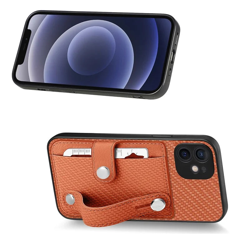 C1-01 For iPhone 12 Case Carbon Fiber Texture PU+TPU+PC Kickstand Phone Cover with Card Slot