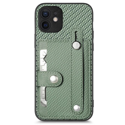 C1-01 For iPhone 12 Case Carbon Fiber Texture PU+TPU+PC Kickstand Phone Cover with Card Slot