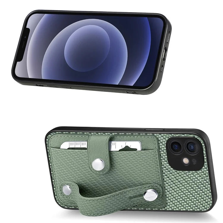 C1-01 For iPhone 12 Case Carbon Fiber Texture PU+TPU+PC Kickstand Phone Cover with Card Slot