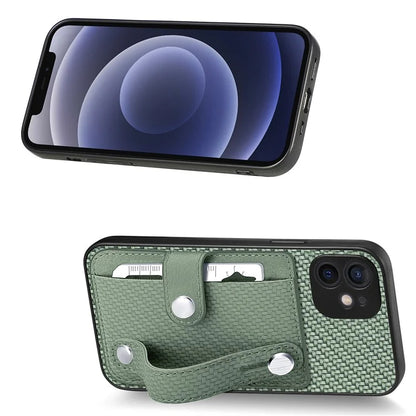 C1-01 For iPhone 12 Case Carbon Fiber Texture PU+TPU+PC Kickstand Phone Cover with Card Slot