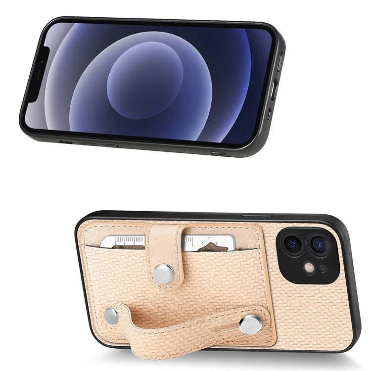 C1-01 For iPhone 12 Case Carbon Fiber Texture PU+TPU+PC Kickstand Phone Cover with Card Slot