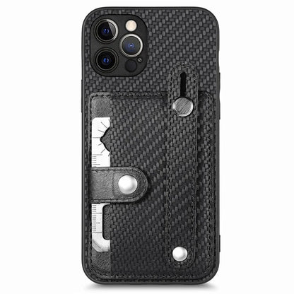 C1-01 For iPhone 12 Pro Kickstand Case Card Slot Carbon Fiber Texture PU+TPU+PC Phone Cover