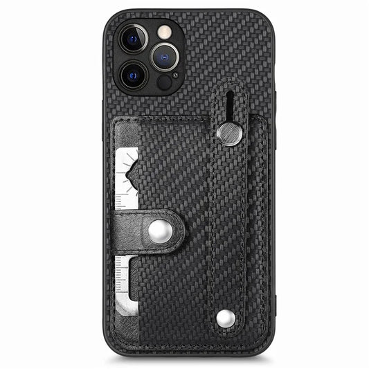C1-01 For iPhone 12 Pro Kickstand Case Card Slot Carbon Fiber Texture PU+TPU+PC Phone Cover