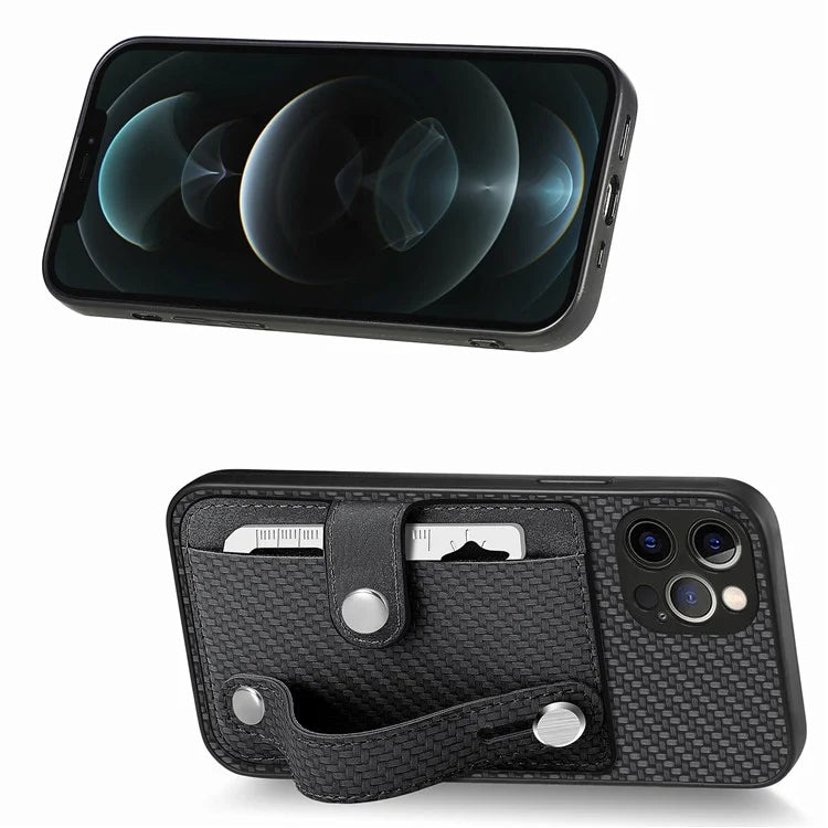 C1-01 For iPhone 12 Pro Kickstand Case Card Slot Carbon Fiber Texture PU+TPU+PC Phone Cover
