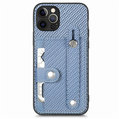 C1-01 For iPhone 12 Pro Kickstand Case Card Slot Carbon Fiber Texture PU+TPU+PC Phone Cover