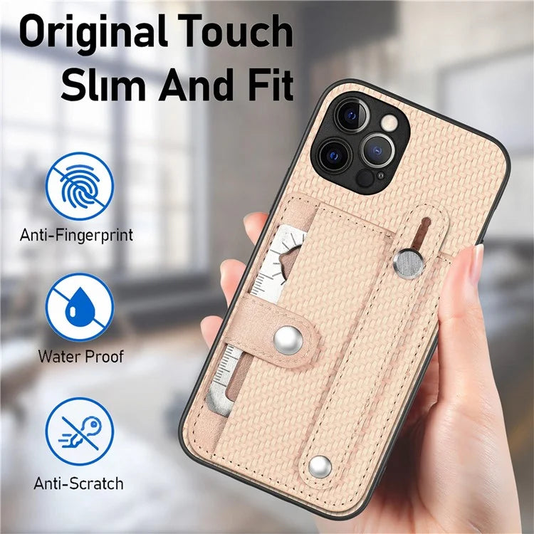 C1-01 For iPhone 12 Pro Kickstand Case Card Slot Carbon Fiber Texture PU+TPU+PC Phone Cover